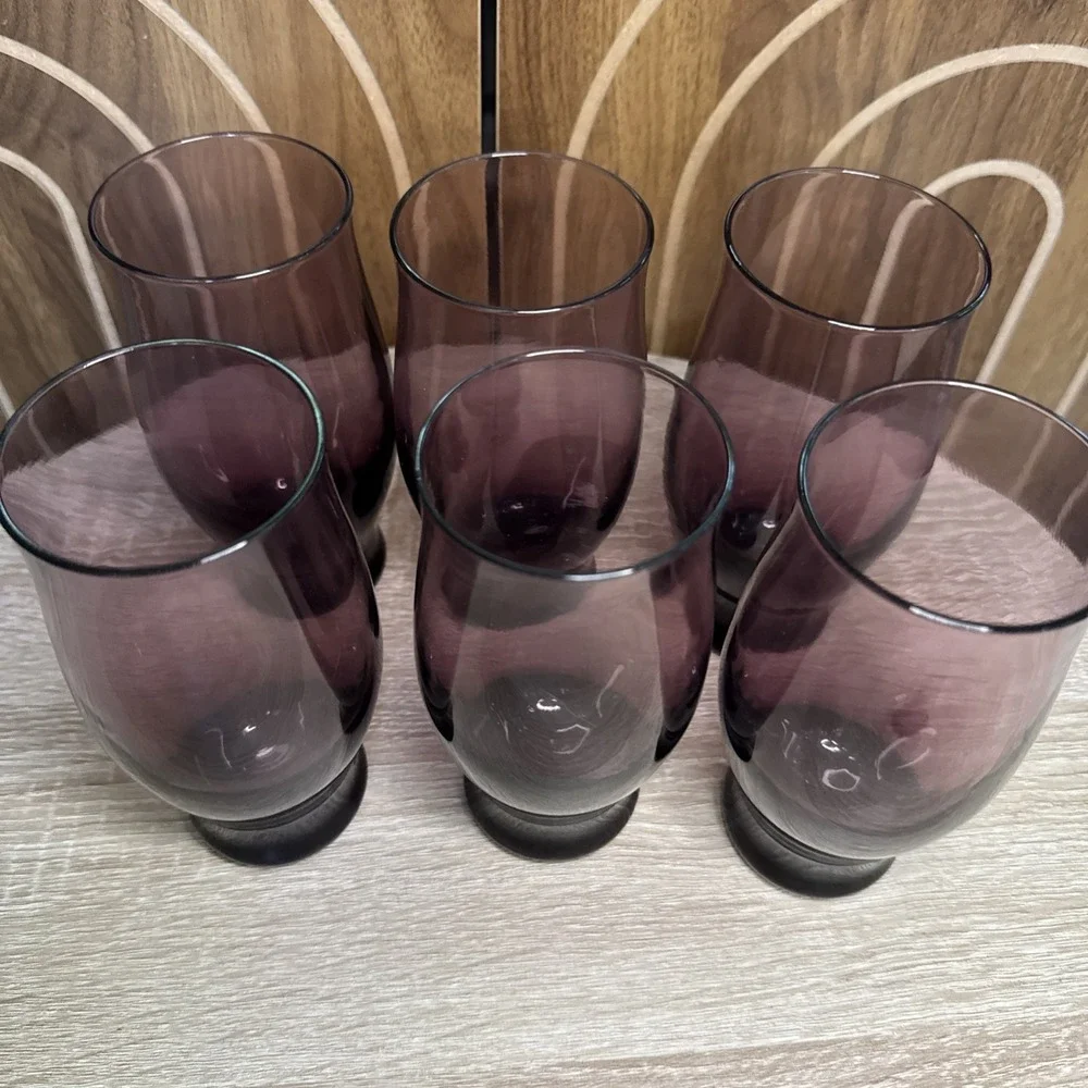 Vintage Libbey Perception Purple MCM Amethyst 16 Oz Glass Tumblers Set Of Six